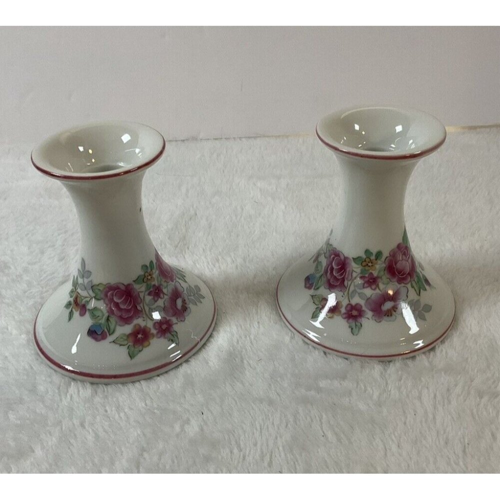 Vintage Elizabeth Arden Exclusive White Pink Floral Candlestick Holder Pair